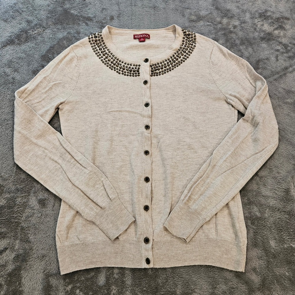Merona Womens Studded Neckline Button Front Cardigan Sweater Beige Small